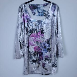 Essentials Womens Floral Velvet Top Size 3X Grey Purple Square Neck Embellished